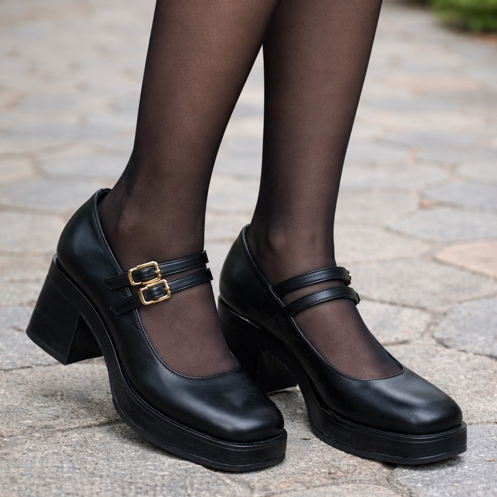 Walk London Mary Jane Shoes Block Heel Black Size 9-9.5